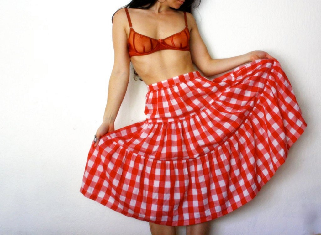 1970s skirt . tiered gingham skirt . cotton summer skirt
