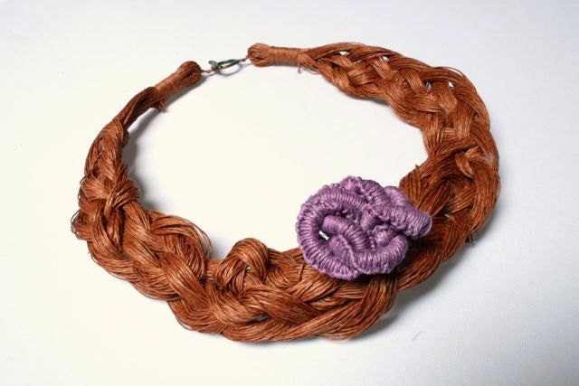 Summer Brown Braid Linen Boho Necklace with one Macrame purple Rose