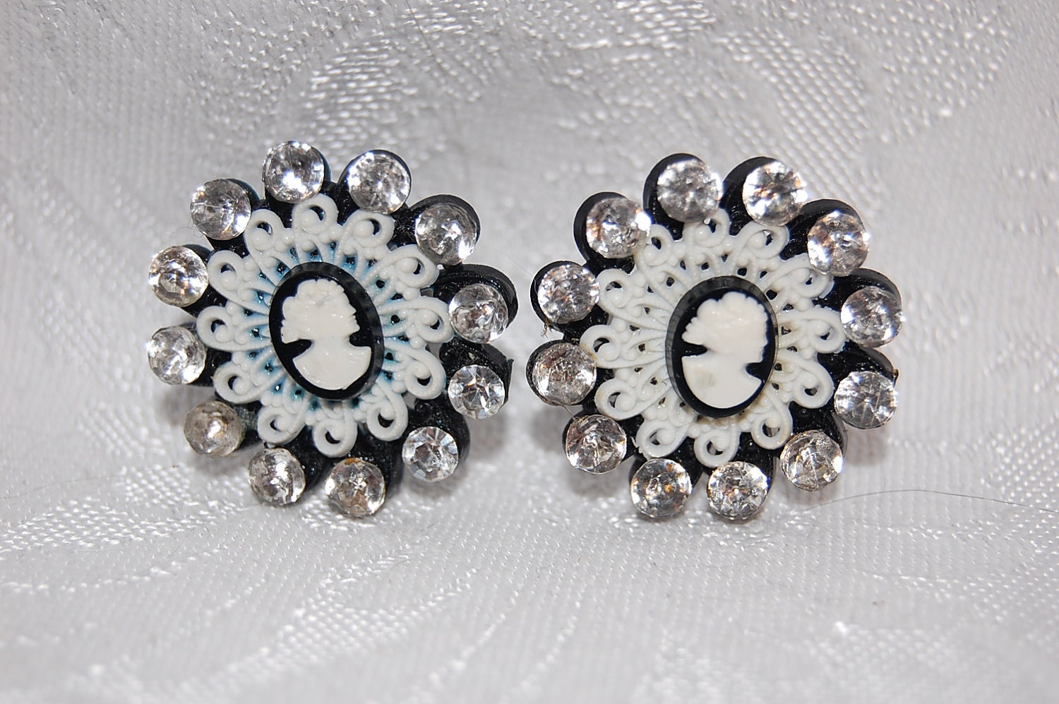 Black and White Cameo Rhinestone Screwback Earrings at Chat Noir Studio