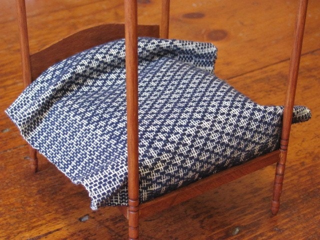 Miniature Dollhouse Bed Coverlet, Blanket, Handwoven, Blue, White, Scale Model Doll House, Home Decor Textile, Historical, Collector Gift