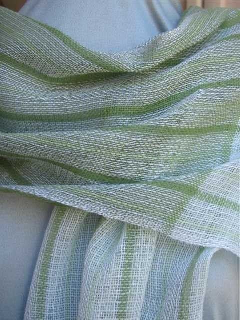 Designer Handwoven Scarf, Green & White Lightweight Lacy Cotton, Spring, Summer, Garden Fashion, Casual, Urban Woman