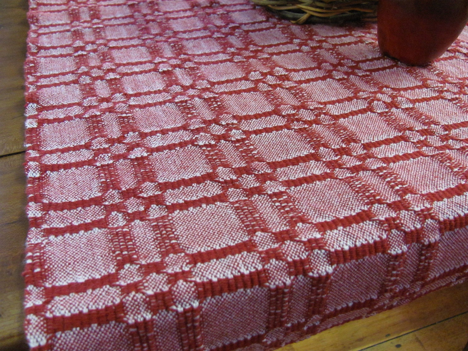 Table Runner, Handwoven Cotton Red & White, Rustic Farm Cottage, French Country Farmhouse, Cabin Home Decor 33"L x 17.25"W