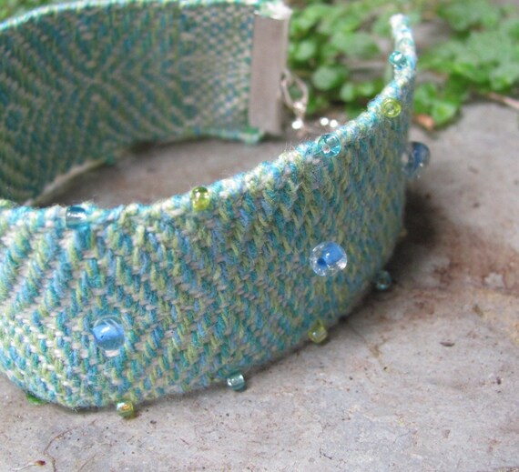 Cuff Bracelet or Anklet, Hand Woven Turquoise, Lime & Ivory Cotton, Glass Beading, Bohemian, Folk, Tribal, Fiber Art Fashion
