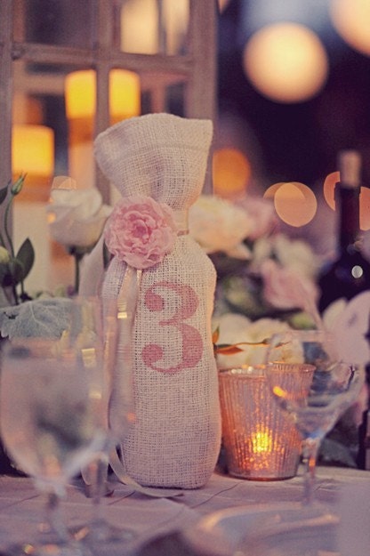 Custom Burlap Wine bag table number with Flower and Ribbon