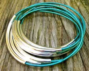 Teal Leather Bangle Bracelets Cockatoo Set of 10 Stacking Amy Fine Design