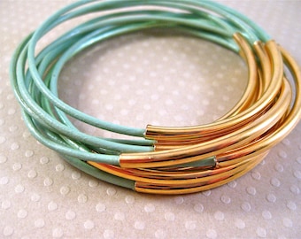 Leather Bangle Bracelets Minty Green Set of 10 Stacking Bangle Bracelets Cockatoo Amy Fine Design