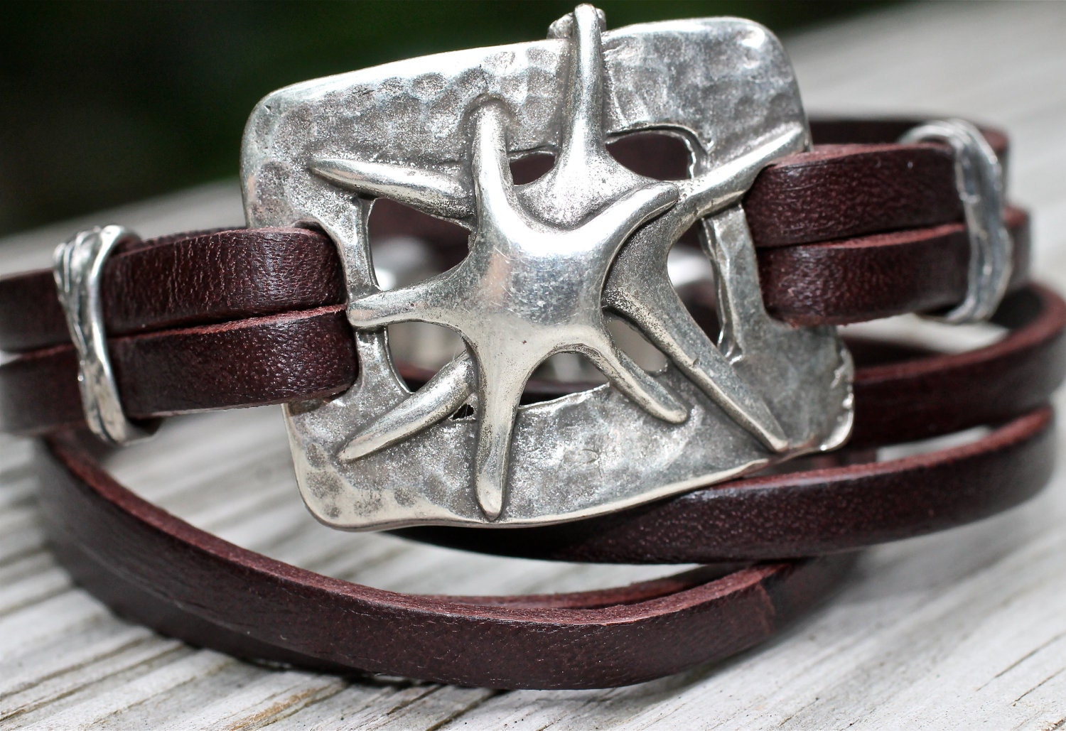 Silver Starfish Leather Bracelet Leather Wrap Bracelet French Roast Brown Amy Fine Design