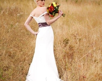 Mary- Custom Silk Chiffon Off-the-Shoulder Wedding Gown with Coloured Belt