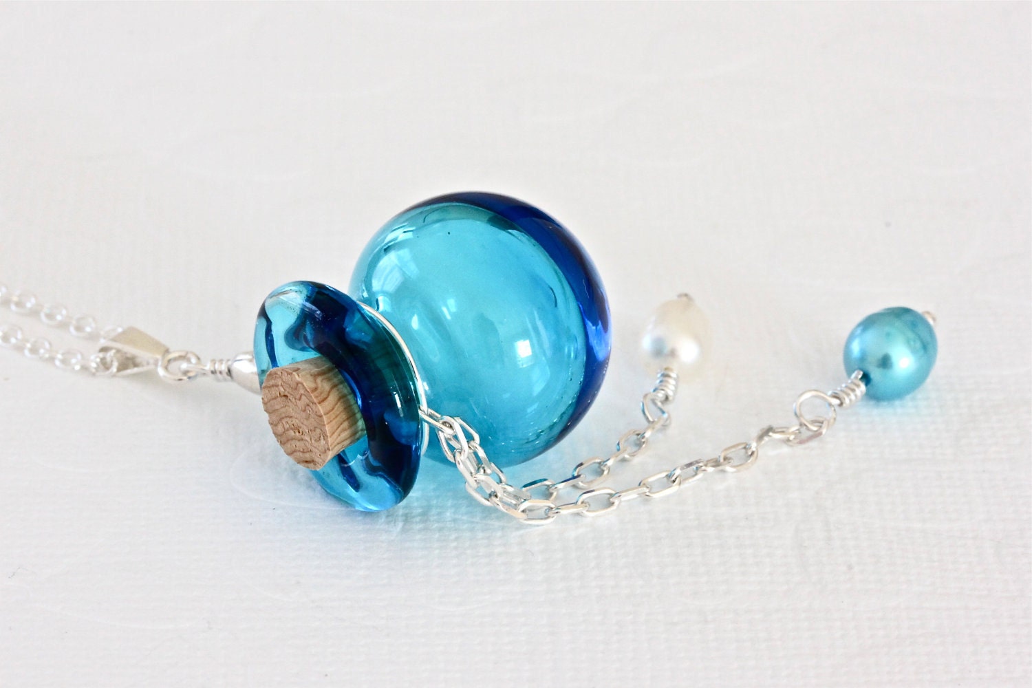 Glass Pendant Necklace, Blue Perfume Bottle Necklace, Murano Glass Jewelry - ThePassionatePearl