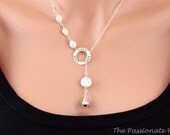 LOVE, Silver Lariat Necklace, Freshwater White Pearl Necklace, Christian Jewelry