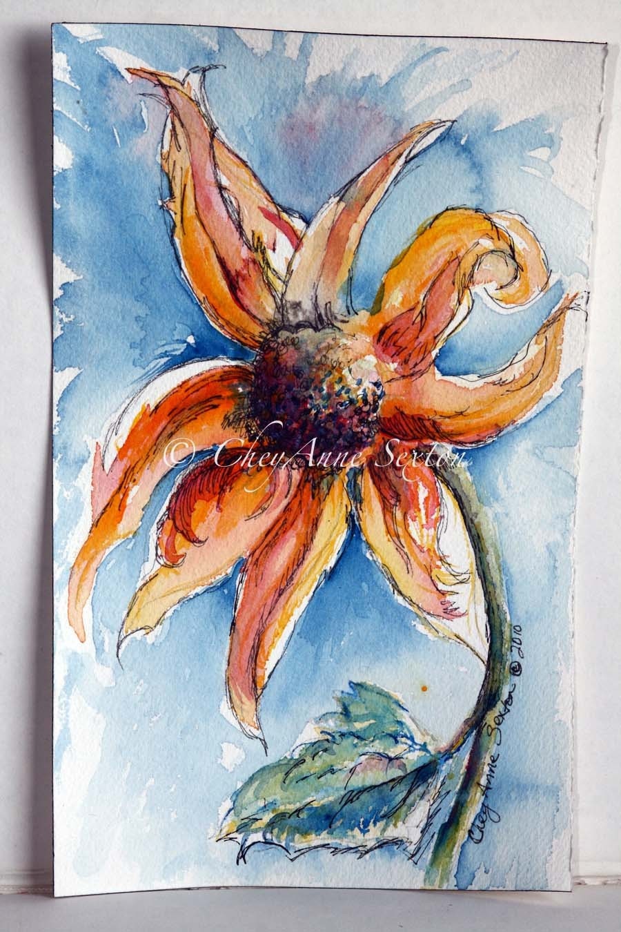 Sunflower pen n ink watercolour giclee print 5x7