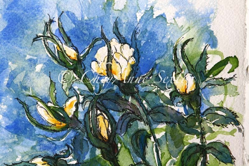 rose art - Golden White Yellow Zest Roses w emerald green - flower art - Mothers Day gift  original watercolour 7x8