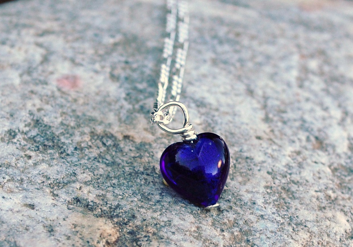 Heart jewelry, Small heart charm necklace, flower girl, Venetian glass heart necklace, cobalt necklace on sterling chain