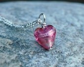 heart jewelry, small heart charm necklace, Venetian glass heart, pink heart on sterling chain gift packaging included.