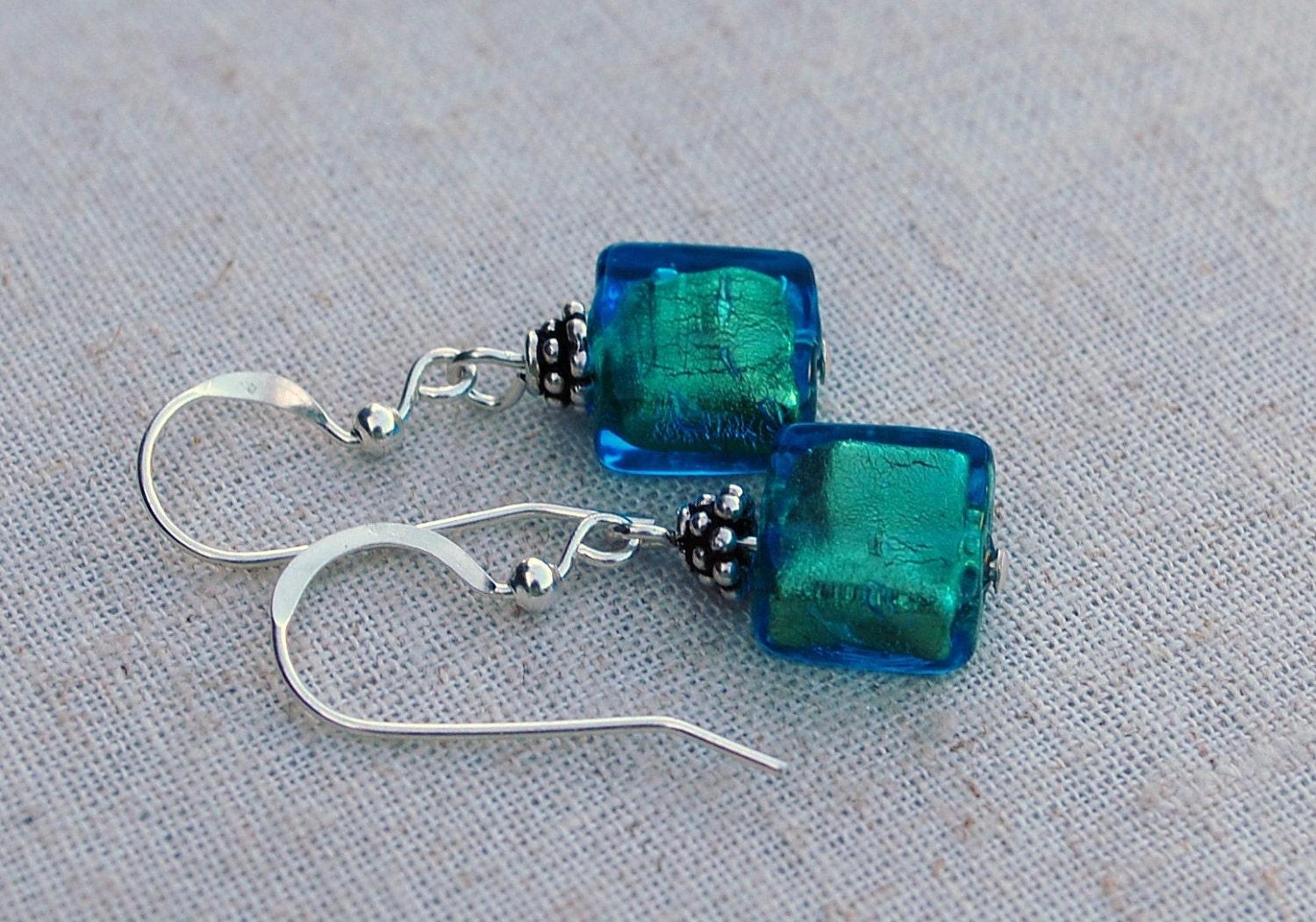 Teal Earrings,  Venetian glass earrings, square aqua gold foil earrings, gift packaging, Venetian jewelry by Dolce Beada