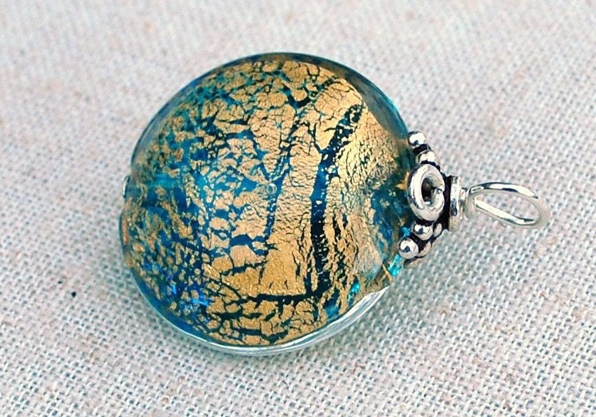 Pendant Necklace Venetian glass aqua over gold foil and gift ready on adjustable leather cord, glass pendant