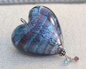 Large Venetian glass silver foil heart pendant, purple and aqua heart, Dolce Beada Murano glass jewelry