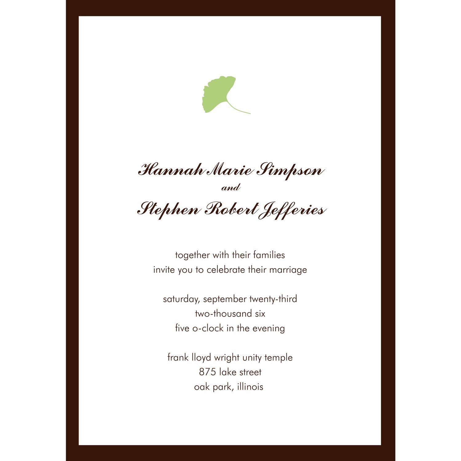 Gingko Leaf Wedding Invitation - Quantity 25 with Matching Envelopes