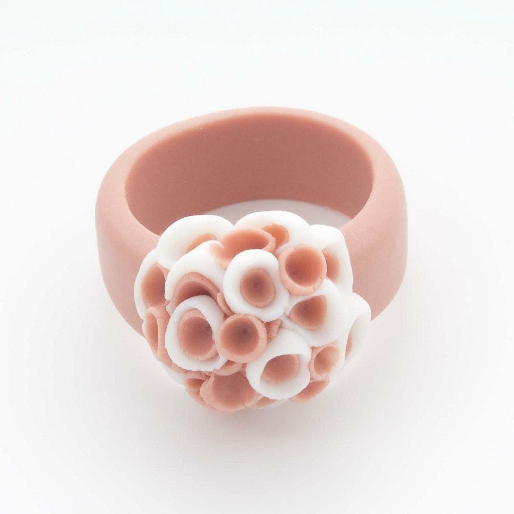 Custom Ring , El Medano Porcelain Ring, Coral and White Limited Edition- Free Gift Wrapping