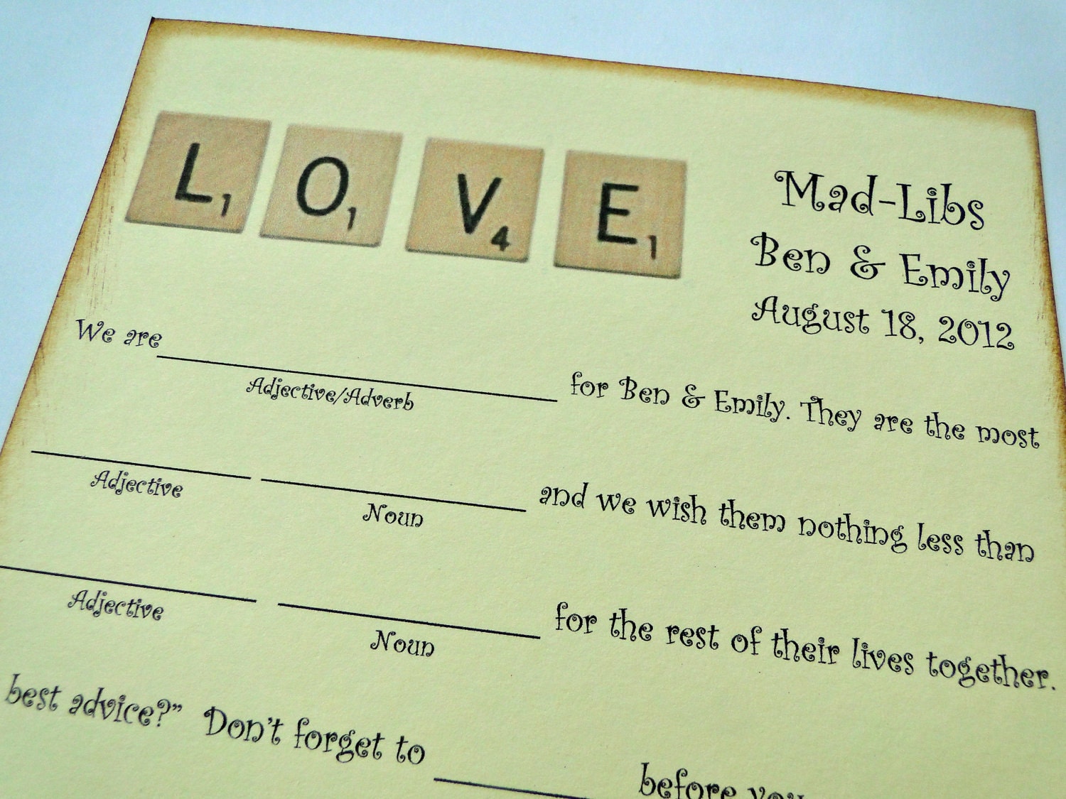 Wedding Guest Book Alternative Mad-Lib Cards - Set of 50 - Scrabble "LOVE" Cards