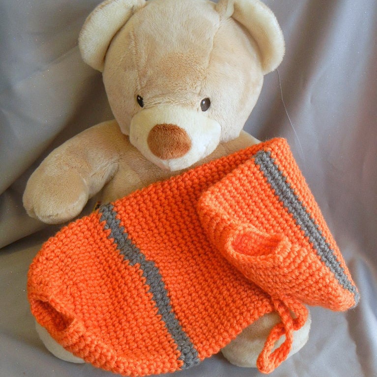 Crochet Plastic Bag Holder Orange with Gray Stripes