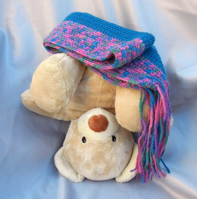 Wool Crochet Scarf Teal Fuchsia Green and Lavender Scrap Happy