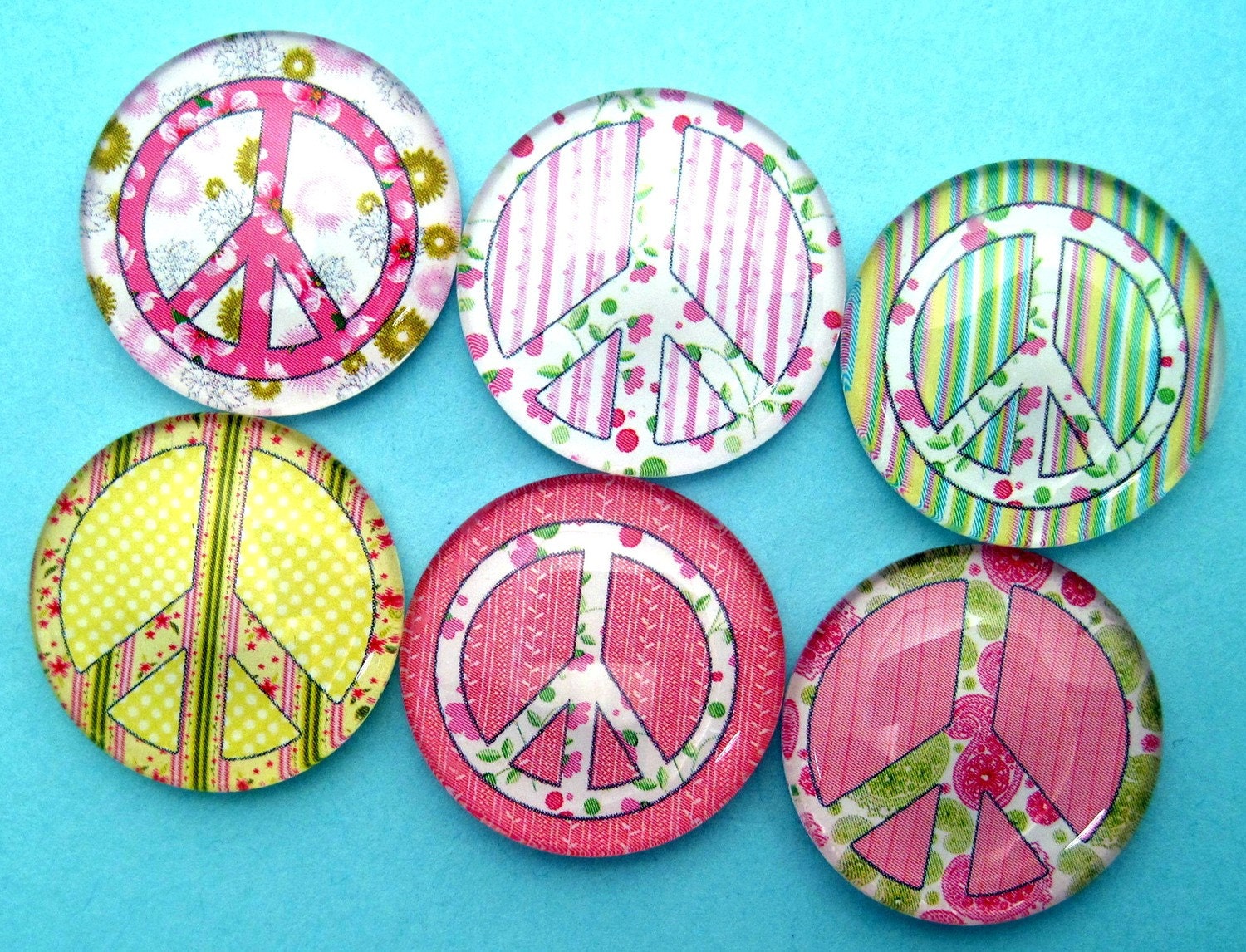 Peace Sign Patterns Magnets - One Inch Circle Premium Glass - Set of Six