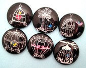 Vintage Bird Cage Magnets - Black and White - Set of Six - Premium 1 Inch Round Glass