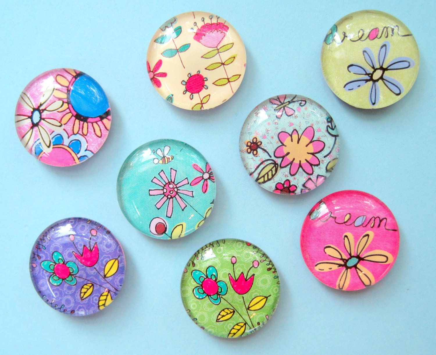 Cute Magnets - Flowers - Set of Eight Glass Magnets in a Stuck Together Gift Tin