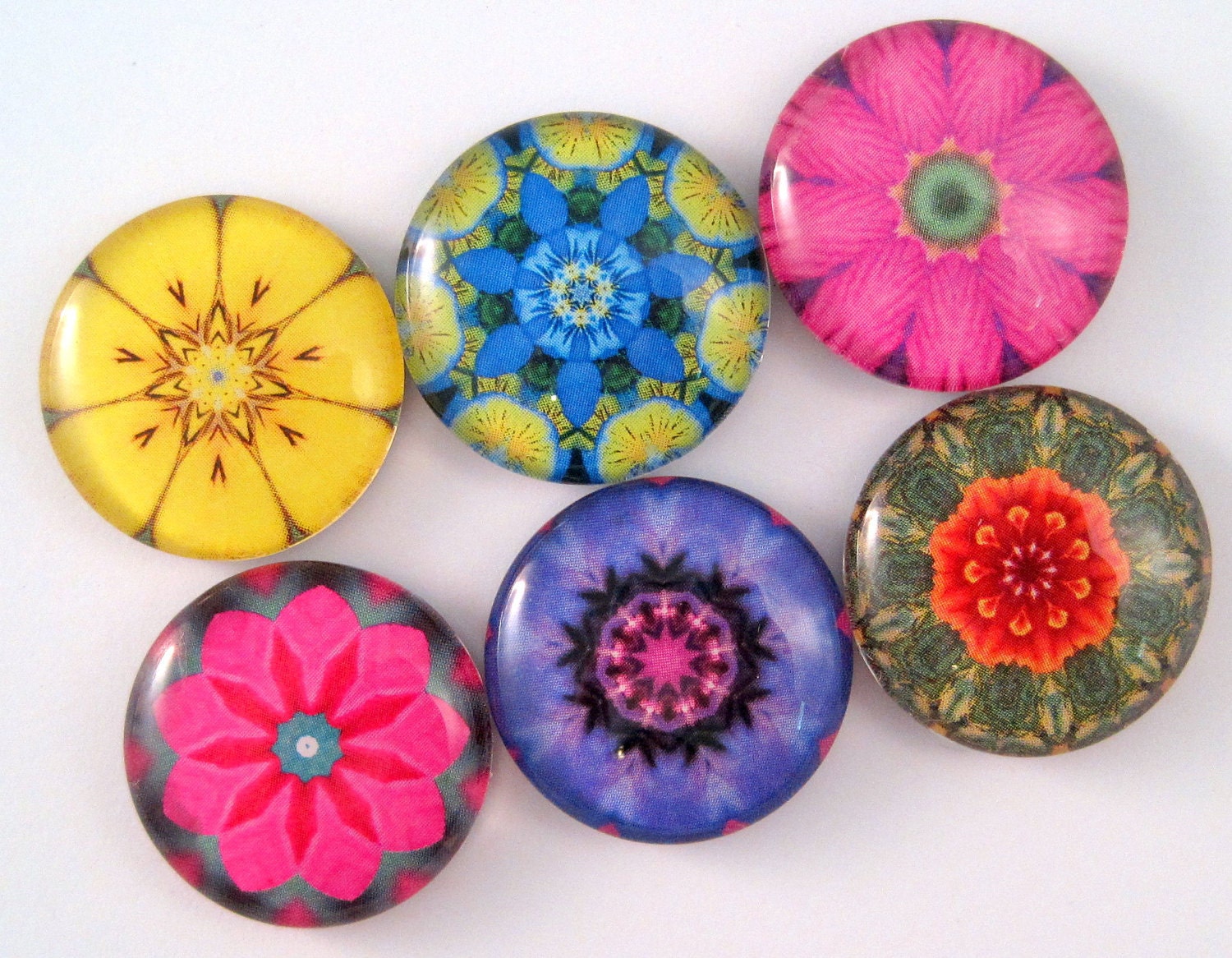 Flower Mandala Magnets - Glass Magnets - Set of Six One Inch Magnets