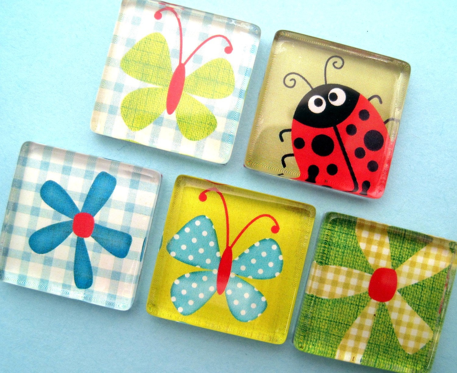 Butterflies and Gingham Magnet Set - Inch Square Glass