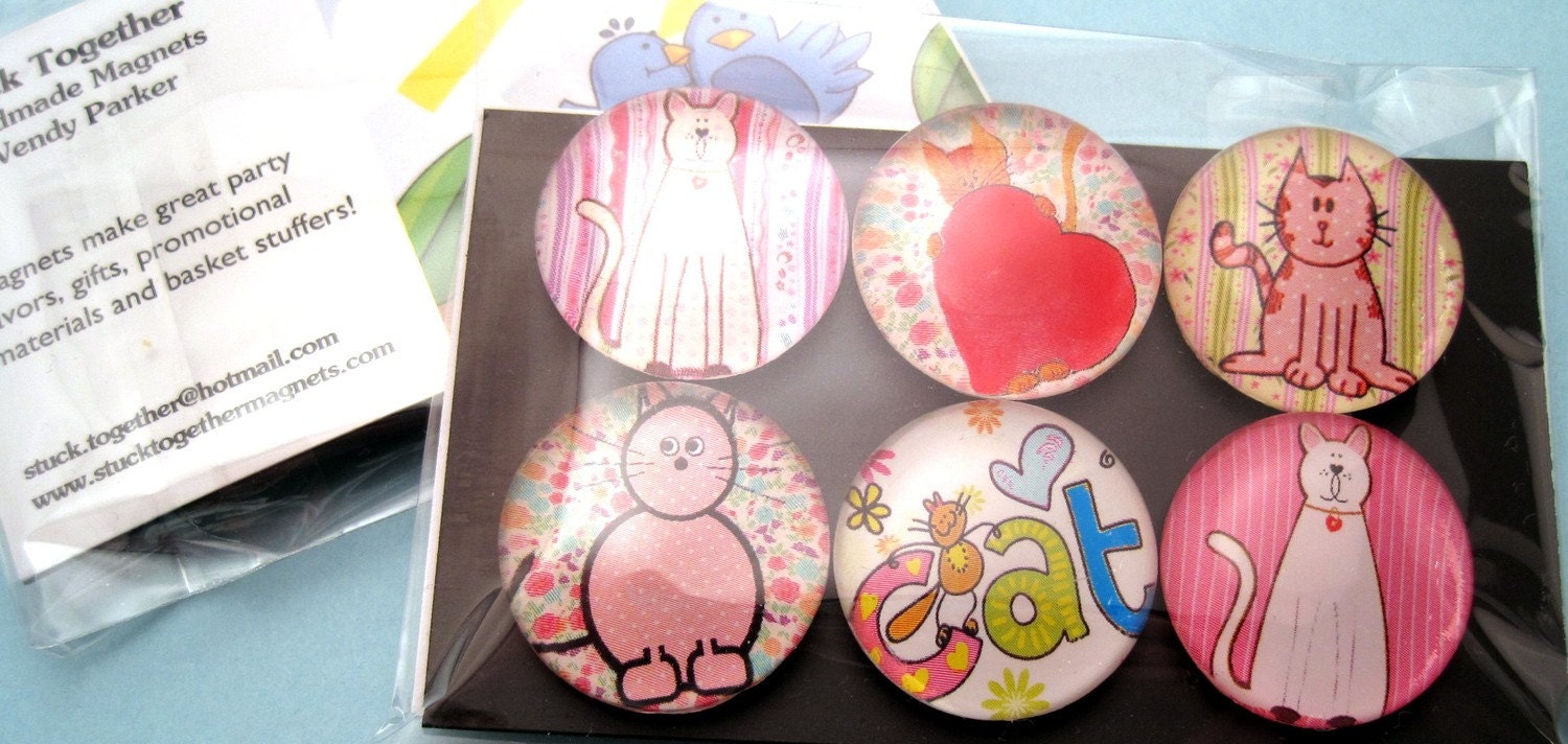 Cat Magnets - One Inch Round Domed Glass - Set of Six