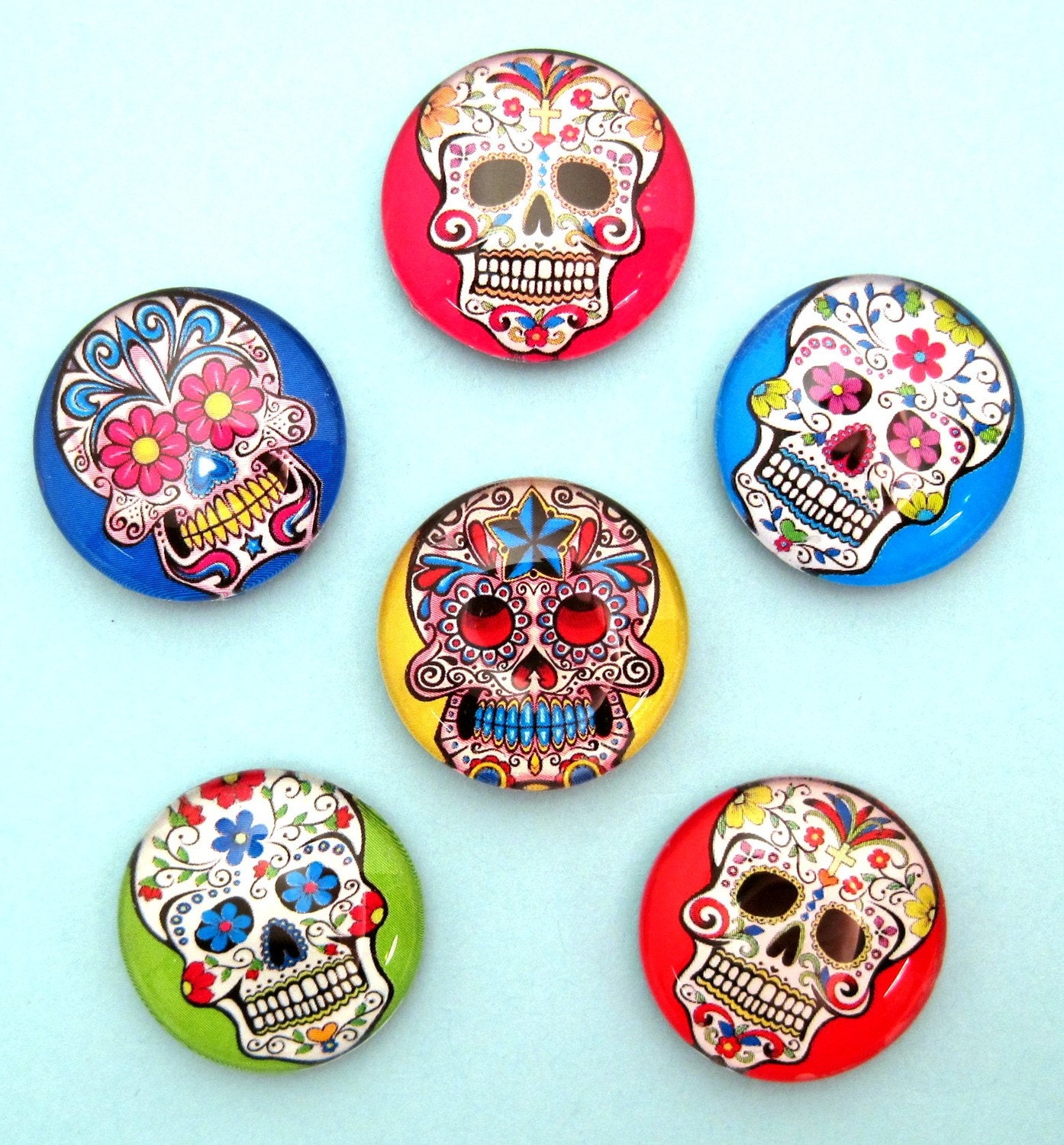 Sugar Skulls Magnets- One Inch Circle Premium Glass - Set of Six