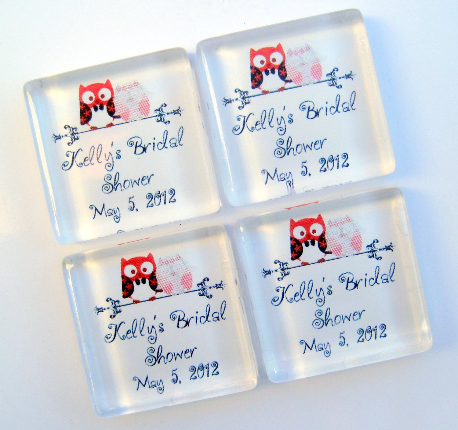 Owls in Love Bridal Shower Magnet Favors - One Inch Square Magnets - Personalized - 30 Magnet Favors