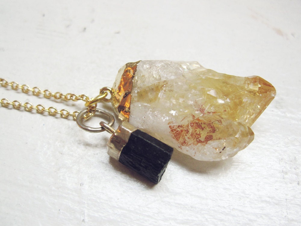 black tourmaline raw citrine crystal point gold dipped pendants necklace