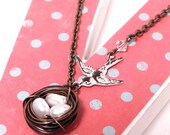 Birds Nest Necklace - Freshwater Pearl - White, Ivory, Cream - Antique Brass