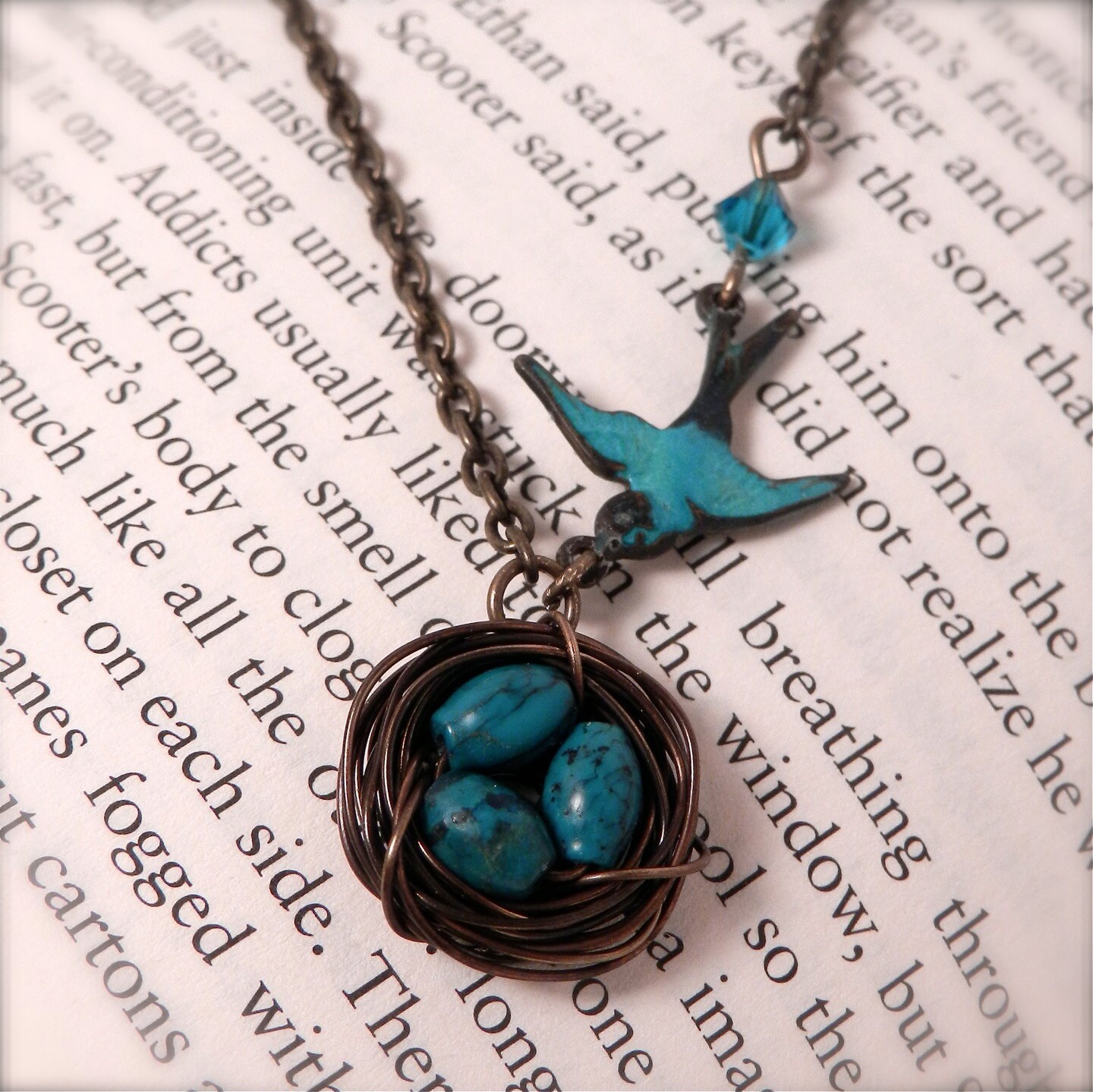 Birds Nest Necklace - Real Turquoise - Antique Brass