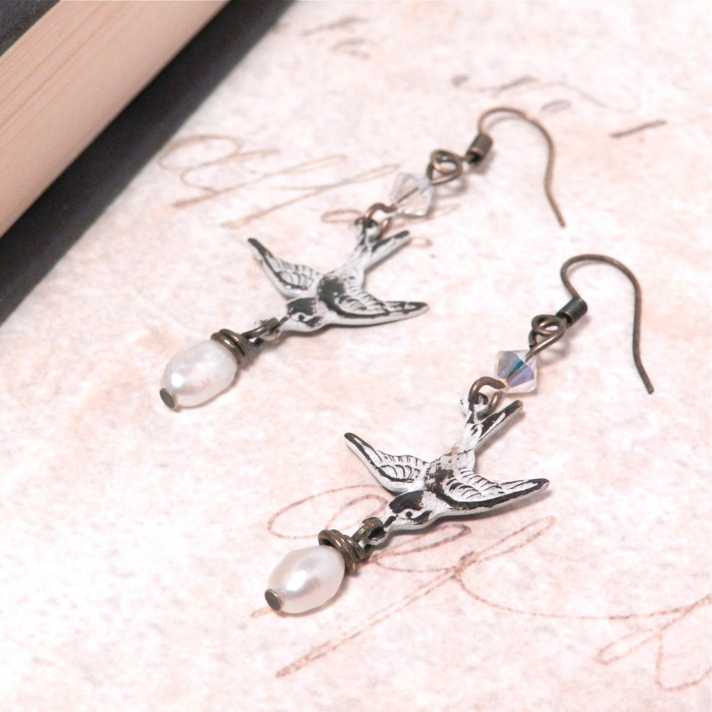 White Patina Dove Earrings - Patina Brass Birds with Freshwater Pearls & Crystals