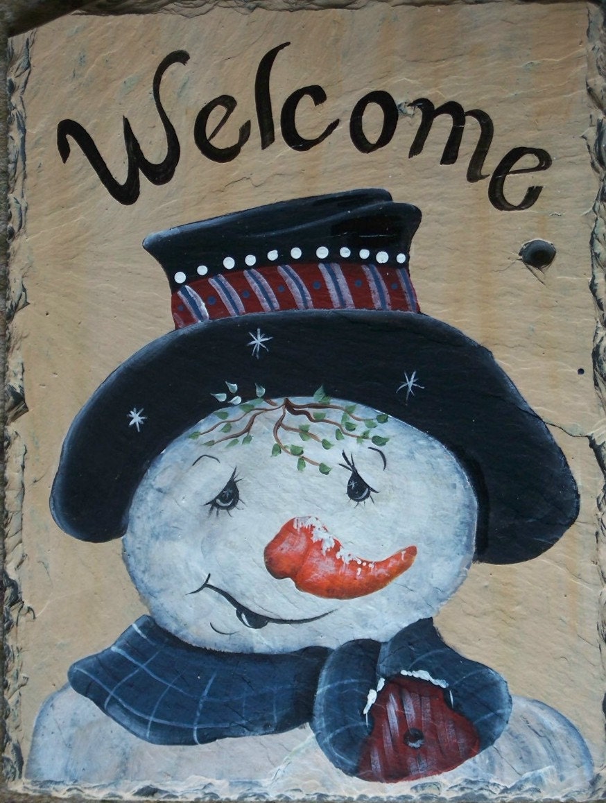Large Hand Painted Hanging Slate Welcome Sign SNOWMAN