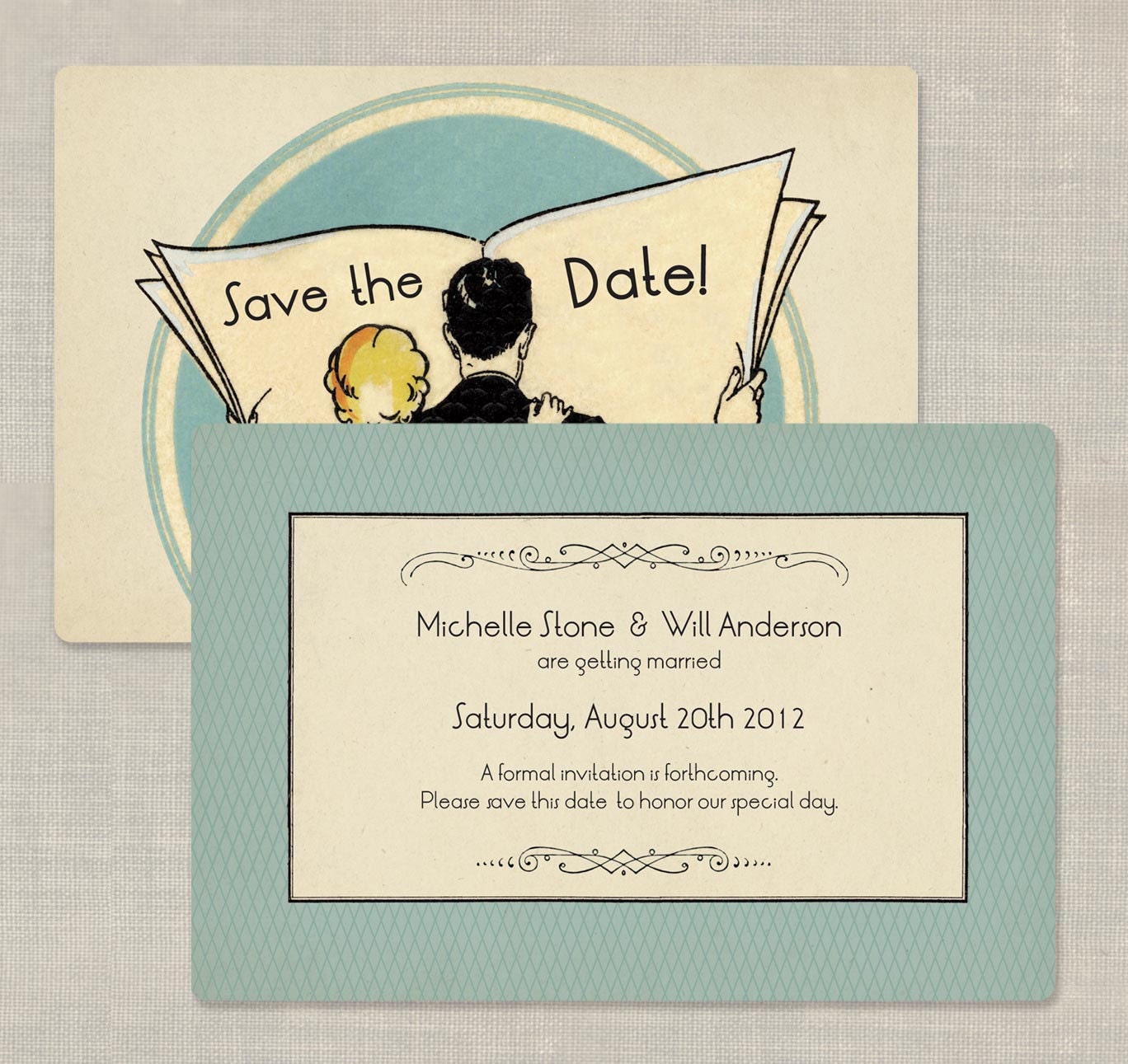 100 Art Deco Save the Date Cards Wedding Invitations Custom for you Deco Newspaper Couple