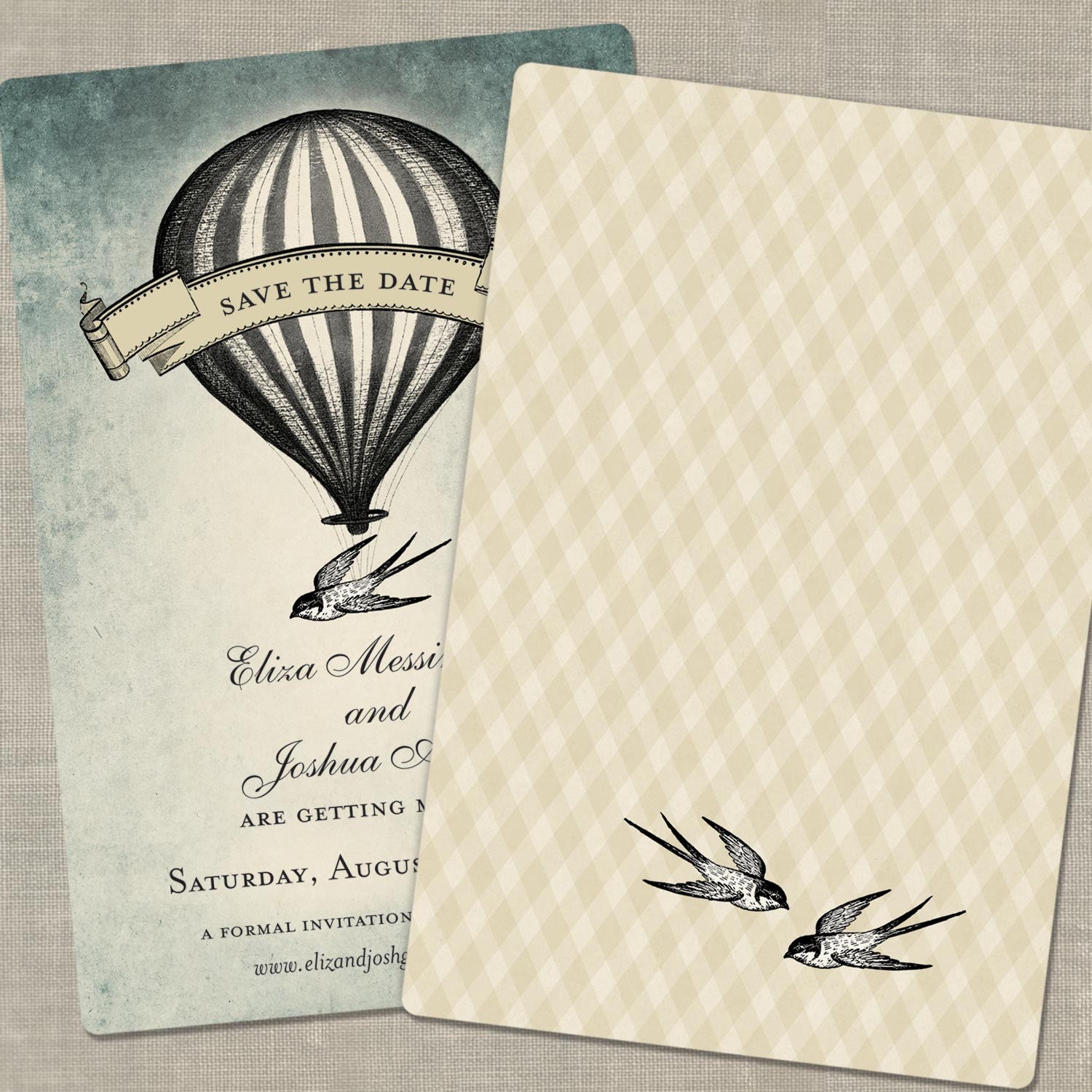 Vintage Hot Air Balloon Save the Dates or Vintage Wedding Invitations -  Set of 100