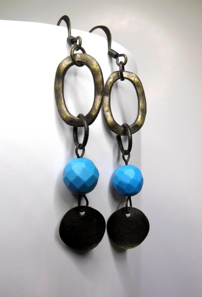 Kate Earrings--Blue Chalk Turquoise Faceted Beads, Antiqued Brass Loops and Discs