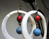 Earthgirl Earrings--Shell Hoops, Turquoise, Antiqued Brass