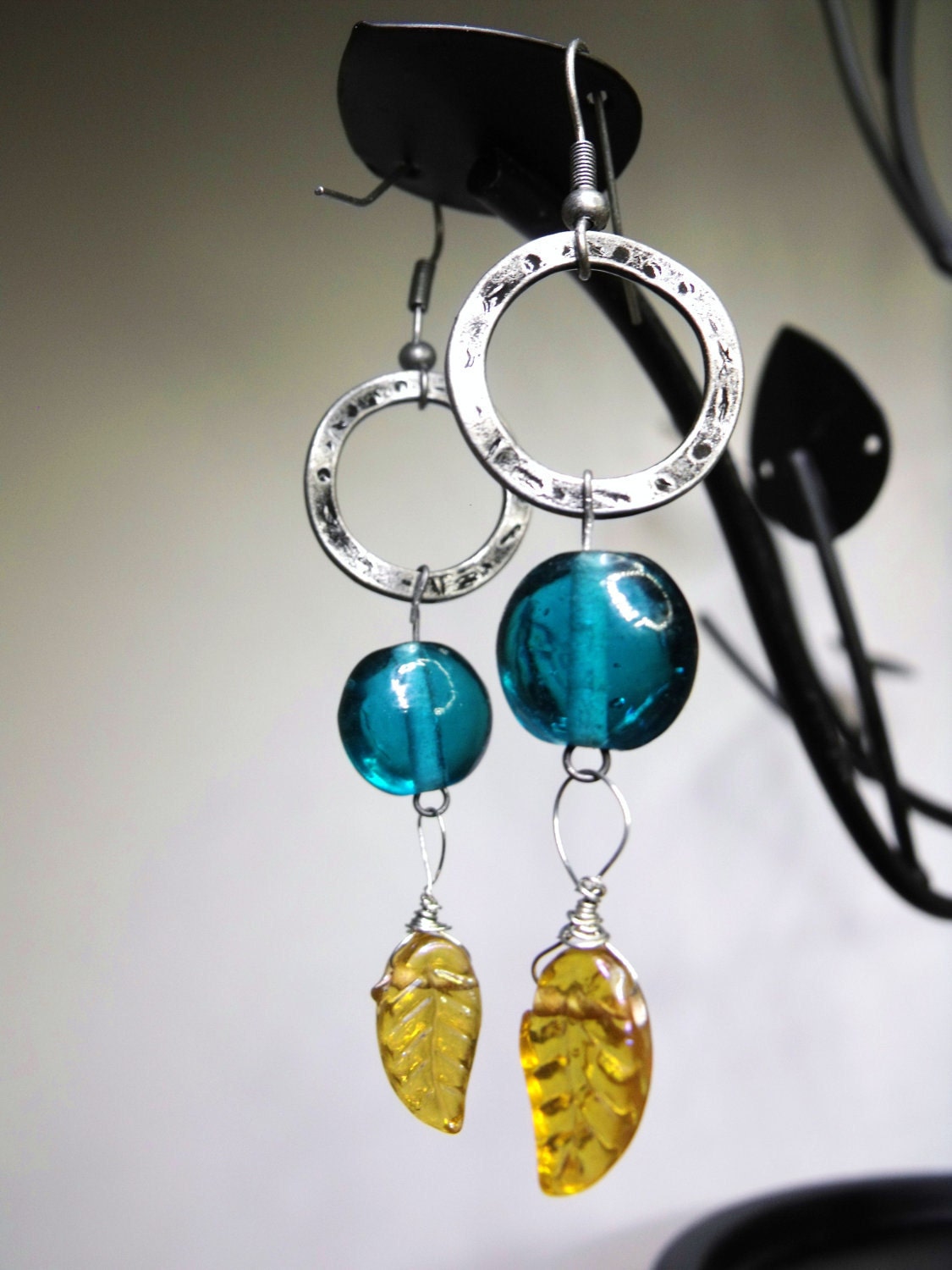 Suncatcher Earrings--Lemon Yellow and Teal Czech Pressed Glass, Pewter Links