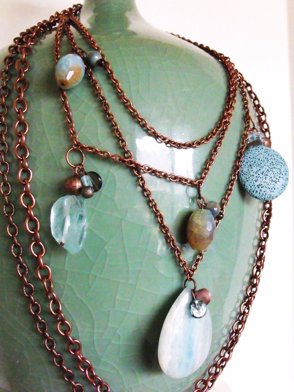 Oceana Necklace--Sky Blue Mix of Quartz, Lava Rock, Agate, Glass, Amazonite, Copper