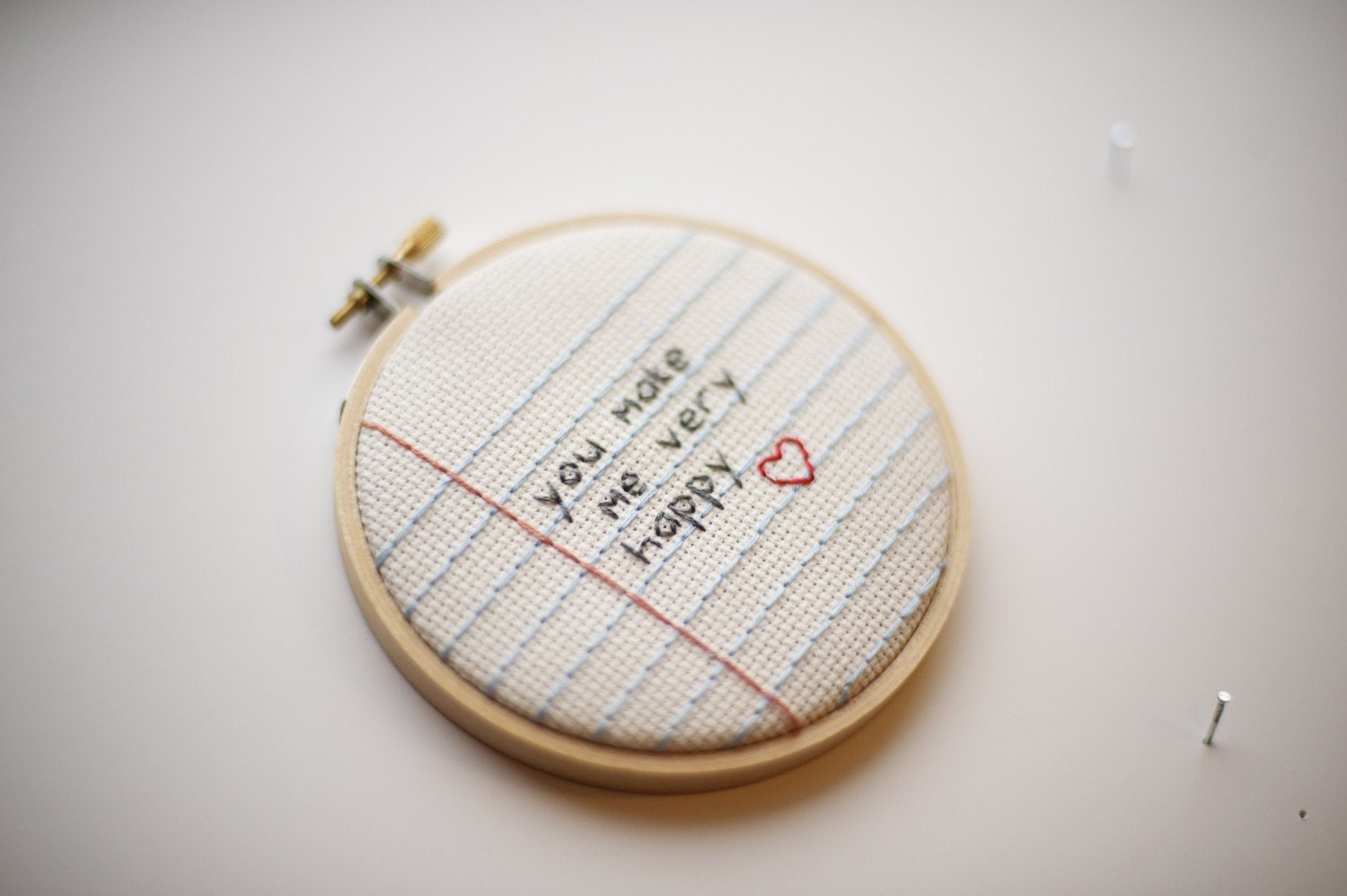 Notebook Paper Cross Stitch Wall Hanging Art Love Heart Hoop - You Make Me Very Happy