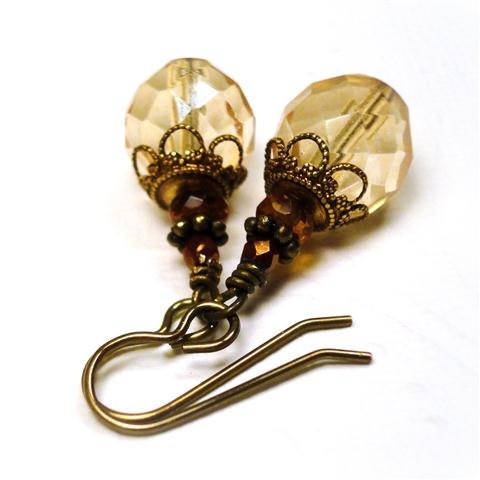 Champagne Glass Earrings Czech Honey Topaz Glass Drop Earrings Antique Brass Earrings