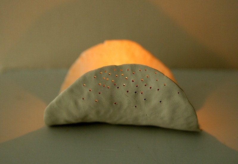 REDUCED: Delicate, Pierced, Candle Holder / Handmade Stoneware Sculpture / "COSMIC TACO B"