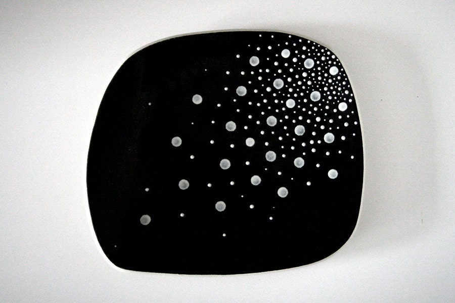 Black and White Mod Ceramic Dish / Cosmic Constellation of Dots / "FLASHCARD"
