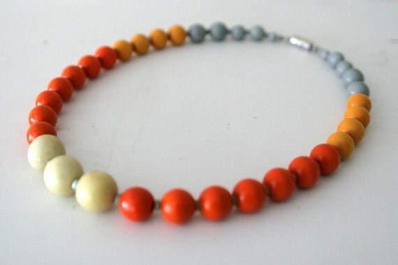 Necklace in Orange, Sunshine Yellow, and Grey / Wooden, Glass and Ceramic Beads / "GUADALUPE"
